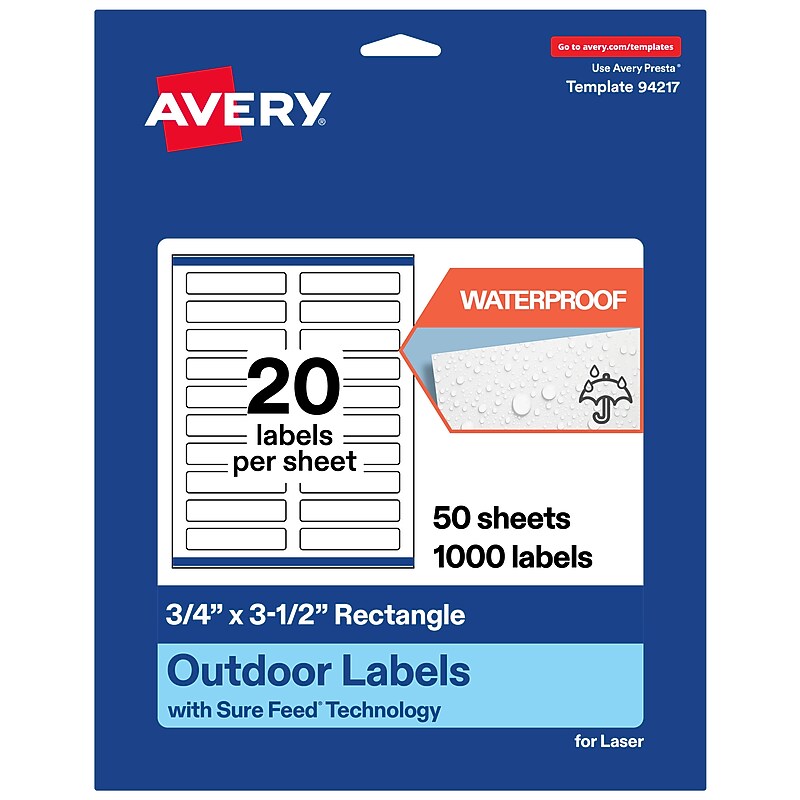 Avery Waterproof Rectangle Laser Multipurpose Labels, 0.75" x 3.5", White, 1000/Box (19479399238) image 1