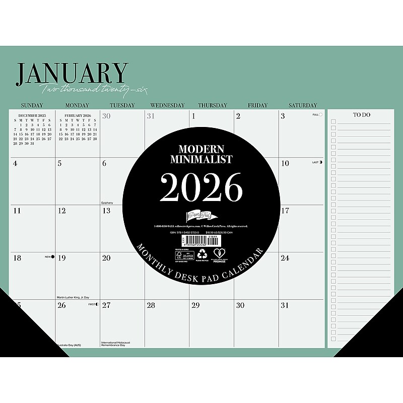 2026 Willow Creek Modern Minimalist 22" x 17" Monthly Desk Pad Calendar, Green (57230) image 1