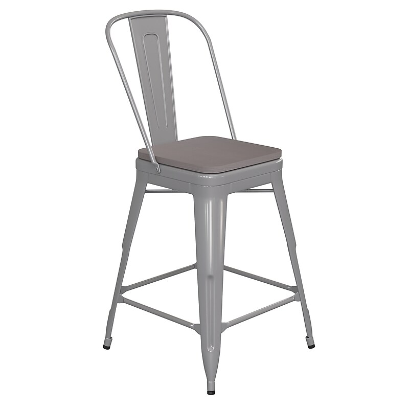 Flash Furniture Kai Indoor-Outdoor Counter Height Stool with Removable Back, Silver with Gray Seat (CH3132024GSLP2G) image 1