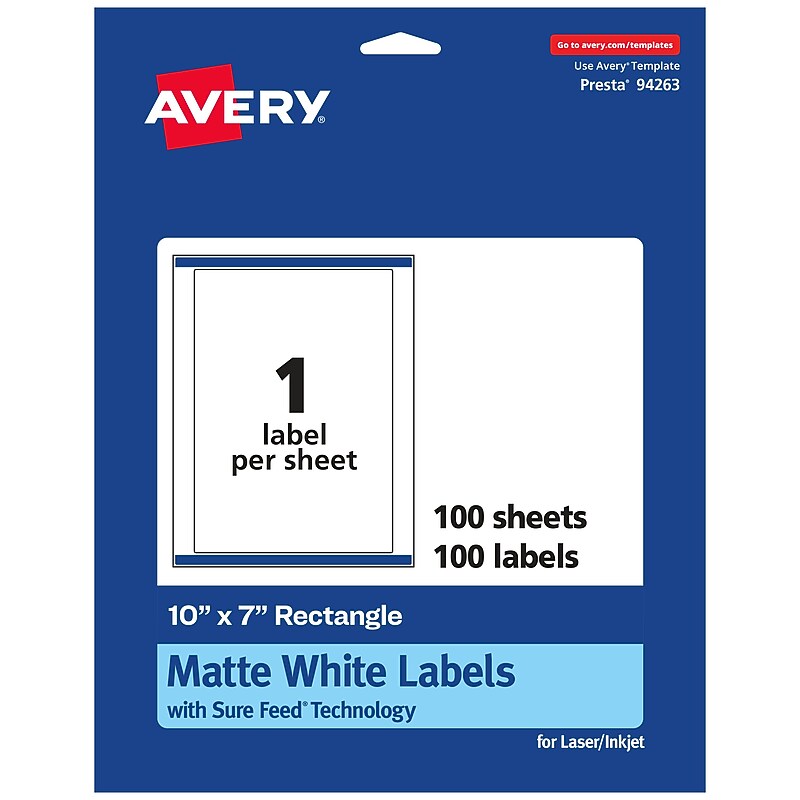 Avery Laser/Inkjet Multipurpose Labels, White, 1 Labels/Sheet, 100 Sheets/Pack (94263-WMP100) image 1