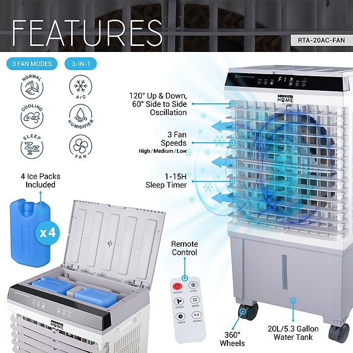 Techni Home 3-in-1 Portable Evaporative Cooler with Remote, WiFi