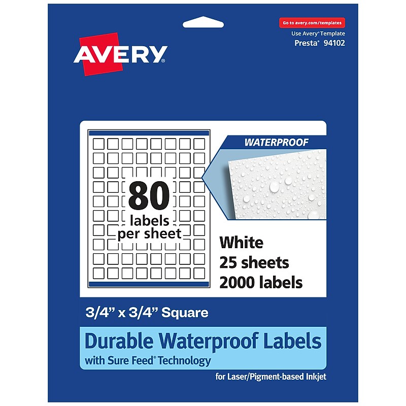 Avery Laser/Inkjet Square Waterproof Multipurpose Labels, 0.75"  x 0.75", White, 2000/Pack (94102) image 1