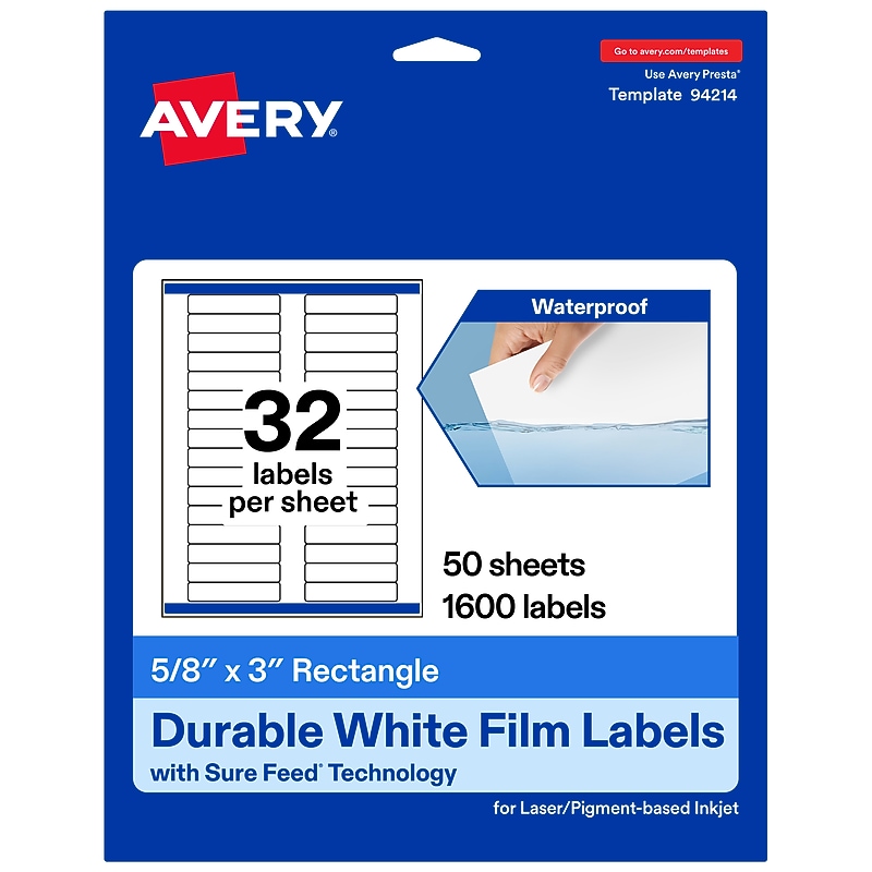 Avery Laser/Inkjet Multipurpose Labels, 0.625" x 3", White, 32 Labels/Sheet, 50 Sheets/Pack (94214) image 1