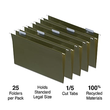 Staples ECO-ID Hanging File Folder, 5-Tab, Legal Size, Standard Green, 25/Box (TR116830)