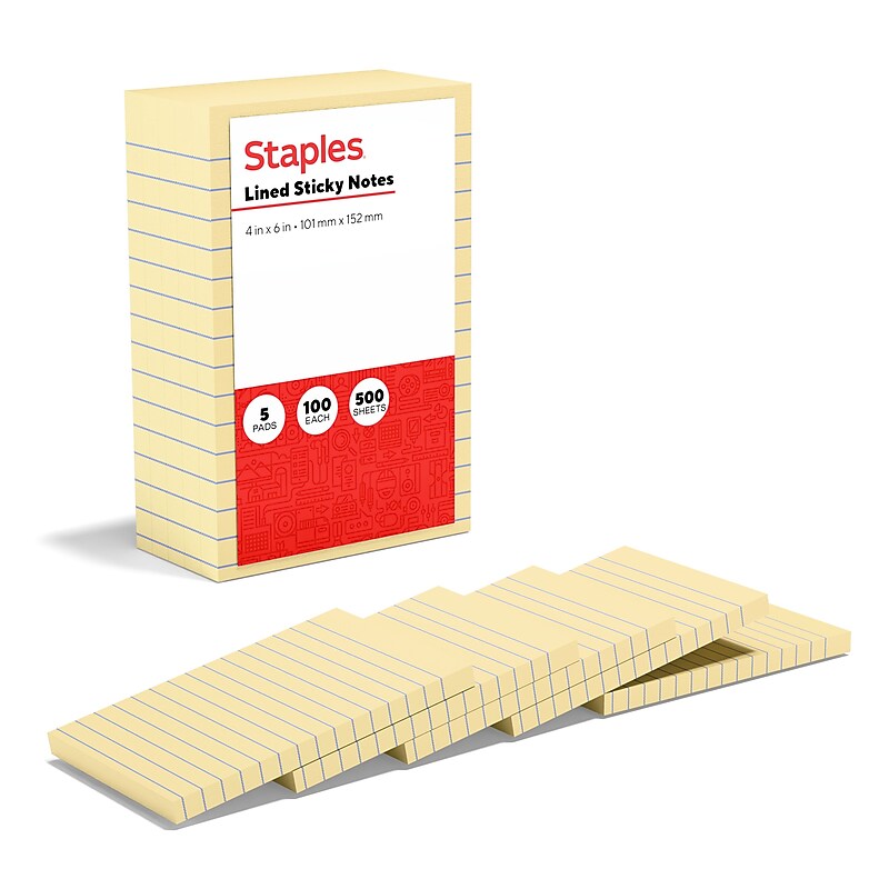 Staples Recycled Sticky Notes, 4" x 6", Sunshine Collection, Lined, 100 Sheets/Pad, 5 Pads/Pack (S46YR/552572) image 1