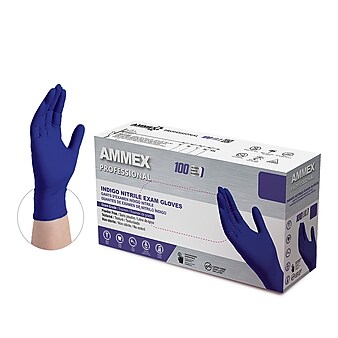 Ammex Professional Series Indigo Powder Free Nitrile Exam Gloves, Latex Free, Medium, 100/Box (AINPF44100)