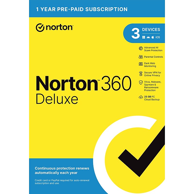 Norton 360 Deluxe, Antivirus software for 3 Devices with Auto-Renewal, Advanced AI Scam Protection, VPN, Dark Web Monitoring image 1