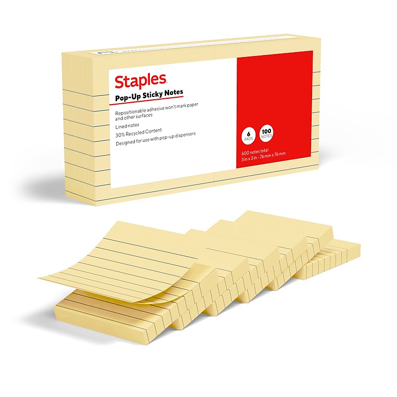 Staples Pop-up Sticky Notes, 3" x 3", Sunshine Collection, Lined, 100 Sheets/Pad, 6 Pads/Pack (ST62874) image 1