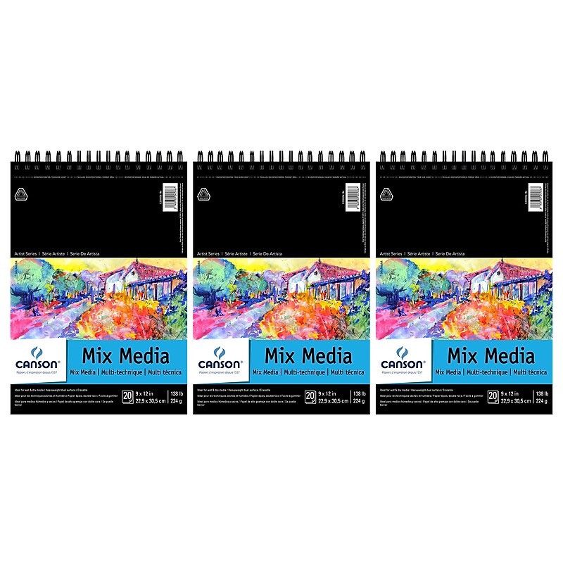 Canson Artist Series 9" x 12" Wire Bound Mixed Media Sketch Pad, 20 Sheets/Pad, 3/Bundle (MCXC20000618603-3) image 1