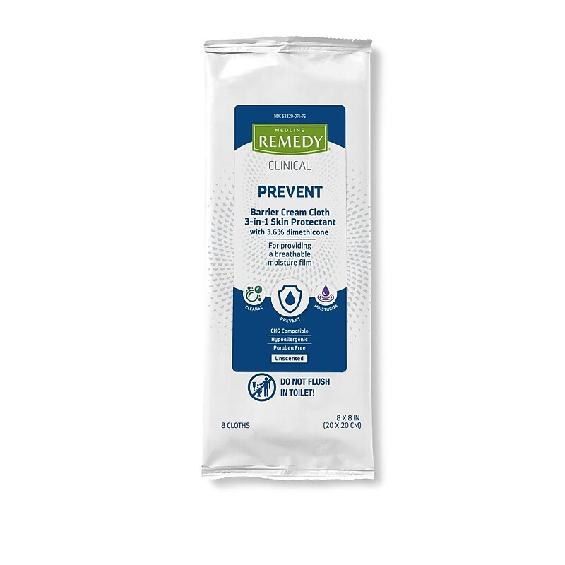 Medline Remedy Clinical Unscented Barrier Cream Cloths with Dimethicone, Packet, 8 Cloths/Pack, 32 Packs/Carton (MSC092507) image 1