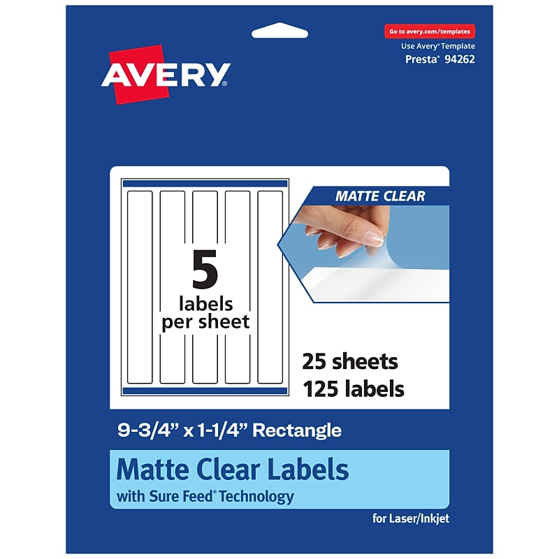 Avery Laser/Inkjet Rectangle Multipurpose Labels, 9-3/4" x 1-1/4", Clear, 125/Pack (94262) image 1