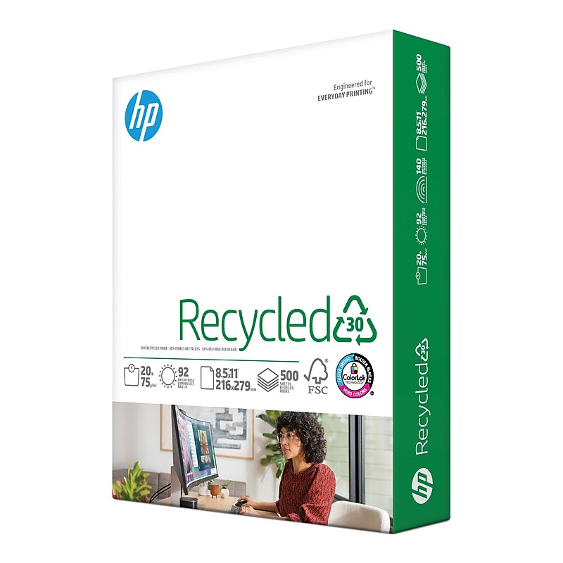 HP 30% Recycled 8.5" x 11" Multipurpose Paper, 20 lbs., 92 Brightness, 500 Sheets/Ream (HPE1120) image 1