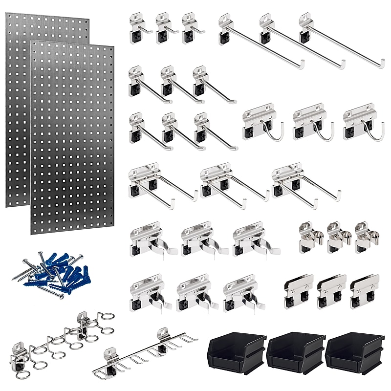 Triton Products Stainless Steel LocBoard Kit, (2) 18" x 36" x 9/16" Square Hole Pegboards, 32 Hooks and 3 Bins (LB18-SKIT) image 1