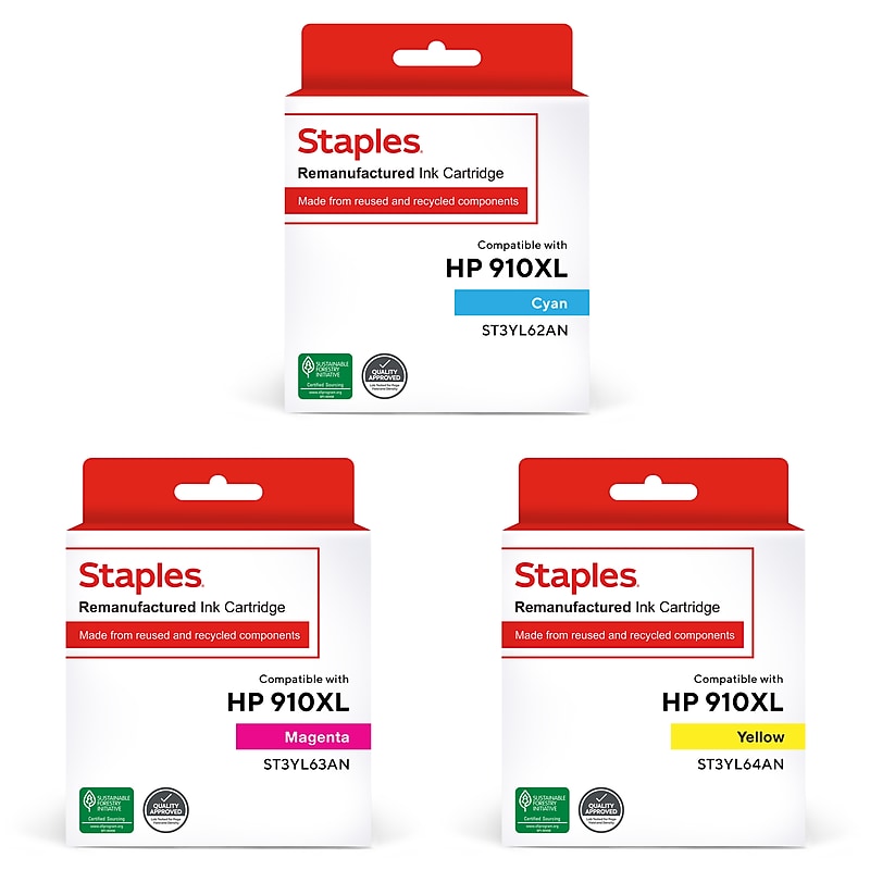 Staples Remanufactured Cyan/Magenta/Yellow High Yield Ink Replacement for HP 910XL, 3/Pack (ST3YL62-63-64AN3PK-VB) image 1