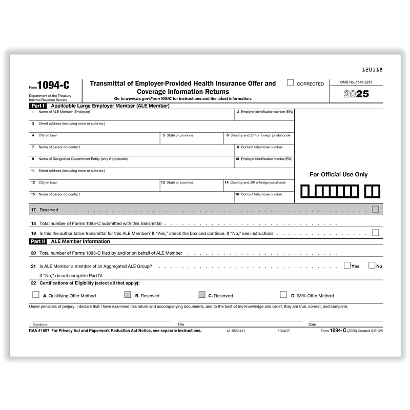 ComplyRight 2025 1094-C Tax Form, 1-Part, White/Black, 50/Pack (1094CT50) image 1