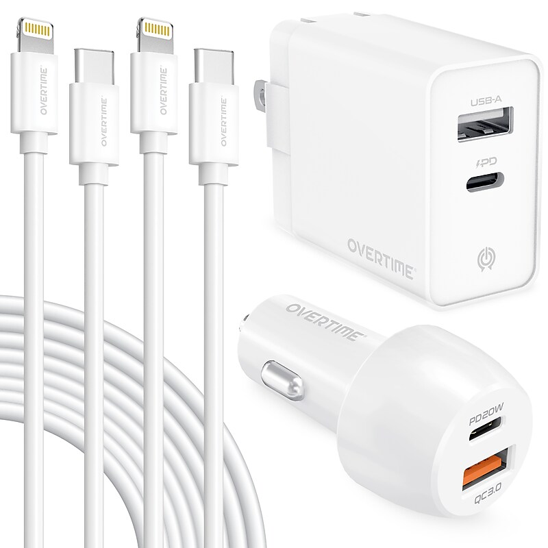 Delton Overtime USB-C/USB Wall & Car Chargers with Two Apple MFi Certified Cables for iPhone/iPad, White (CE14550A) image 1