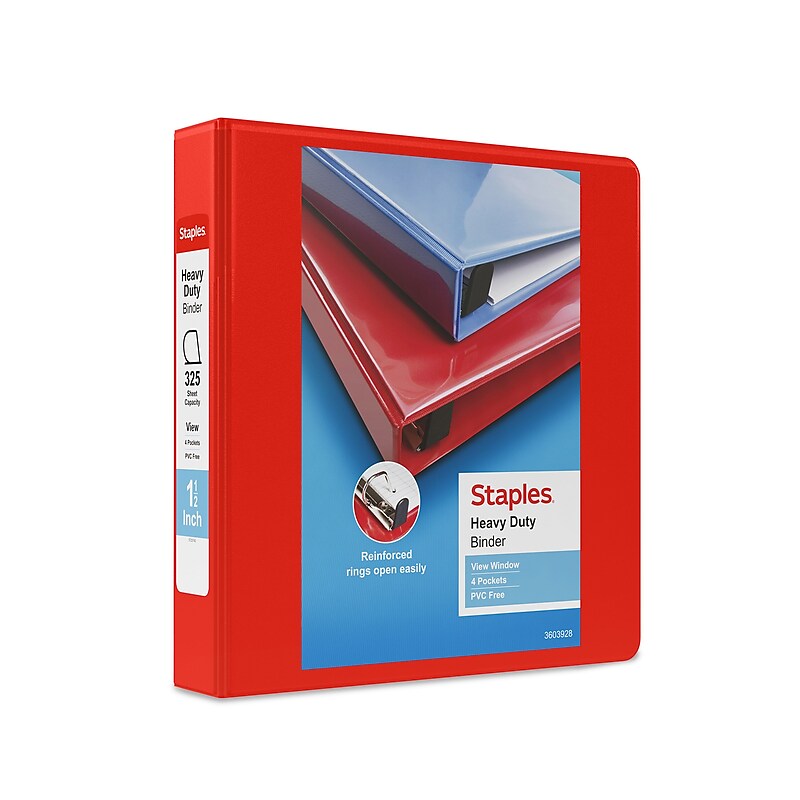 Staples Heavy Duty 1 1/2" 3-Ring View Binder, D-Ring, Red (ST56296-CC) image 1