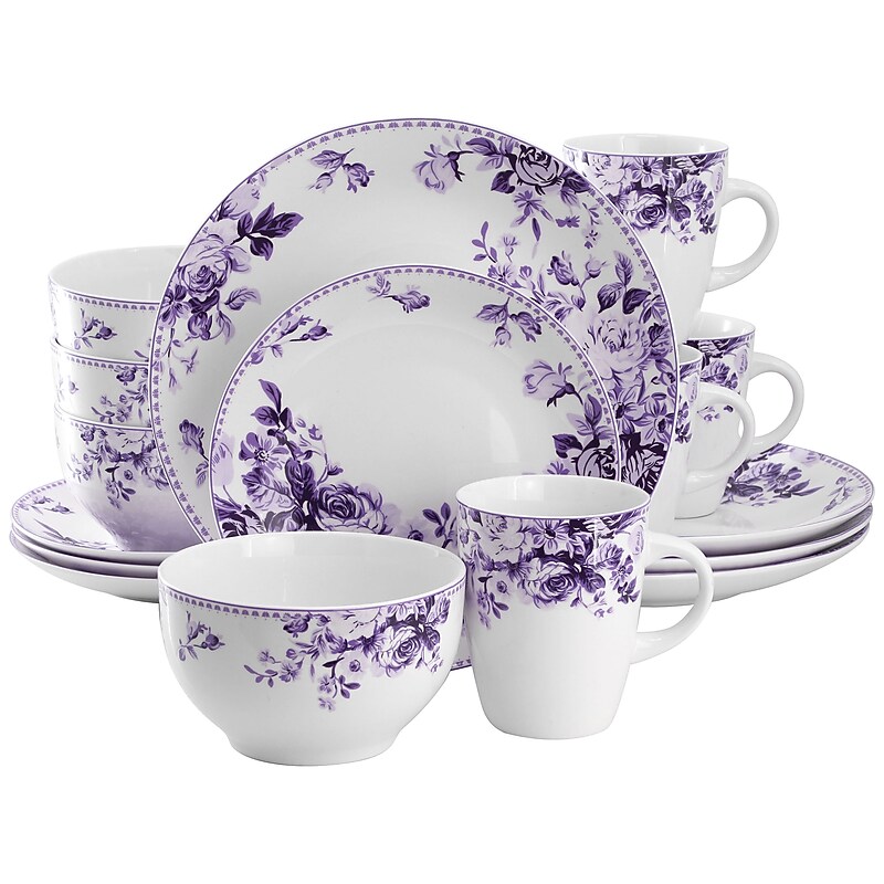 Elama Traditional Rose Stoneware Dinnerware Set, Purple, 16 Piece image 1