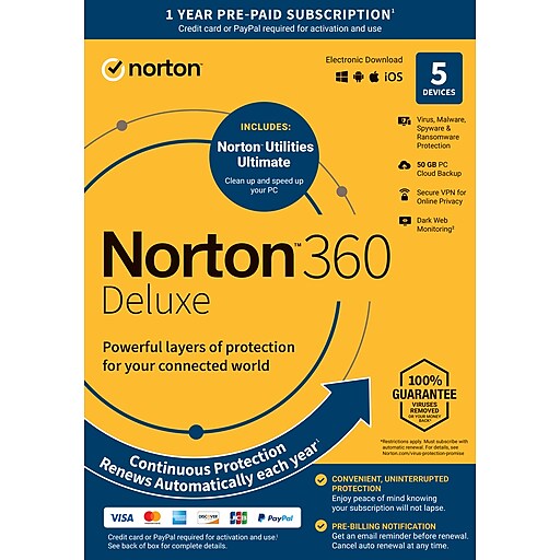 Norton 360 Deluxe & Utilities Ultimate Bundle for 5 Devices, Windows/Mac/Android/iOS, Download