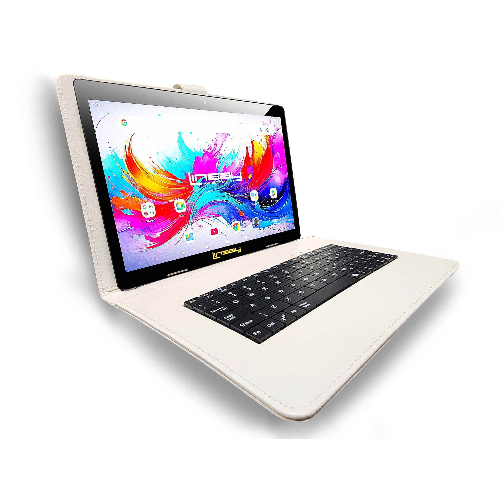 Linsay F10 Series 10.1″ Tablet, Wi-Fi, Octa Core, 256GB eMMC, Android 15, with White Unique Oracle Keyboard Case & Briefcase Sansujyuku sansujyuku.com