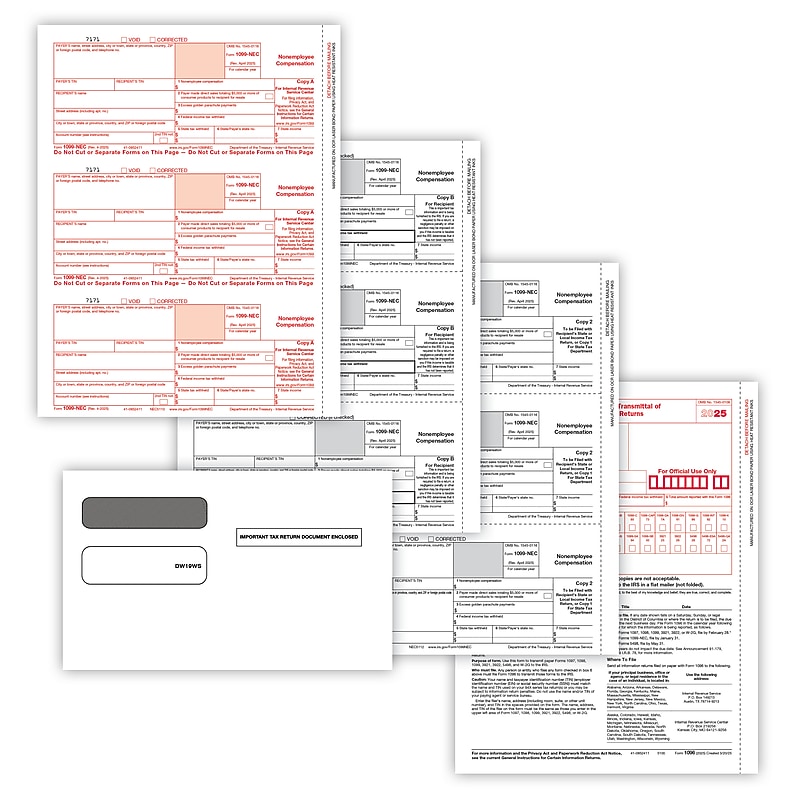 ComplyRight 2025 1099-NEC Tax Form Envelopes, 4-Part, 3-Up, Copy A, B, C/2, 1096 Transmittal, 100/Pack (NEC6103E100) image 1