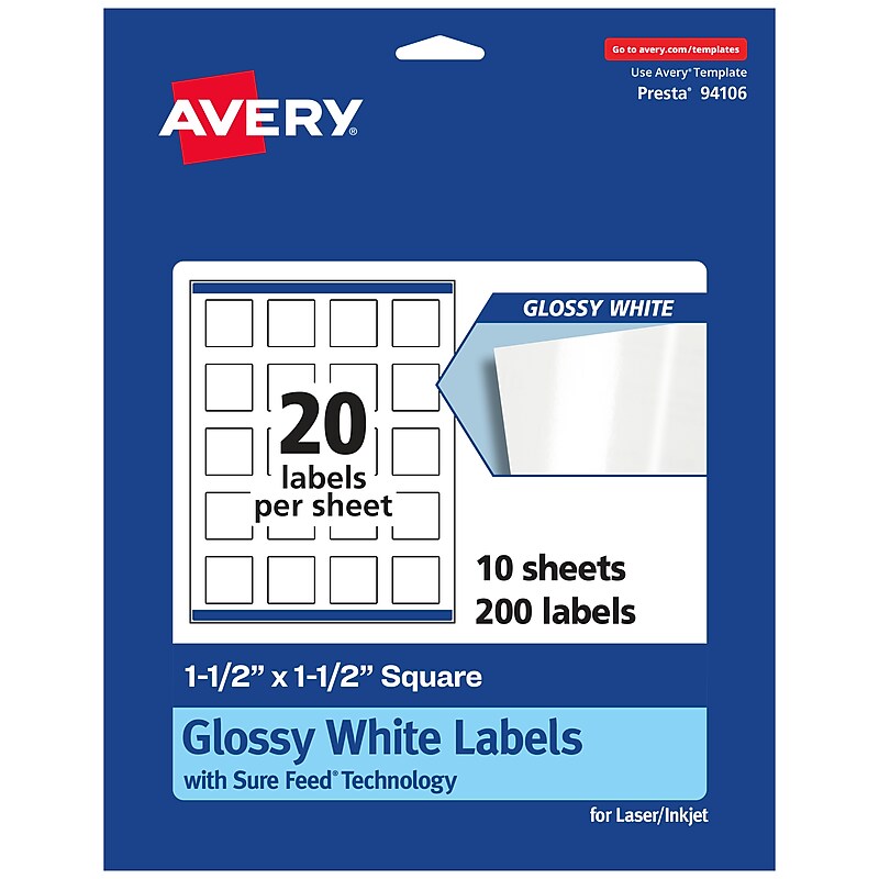 Avery Laser/Inkjet Square Multipurpose Labels, 1.5" x 1.5", White, 200 Labels/Pack (94106) image 1