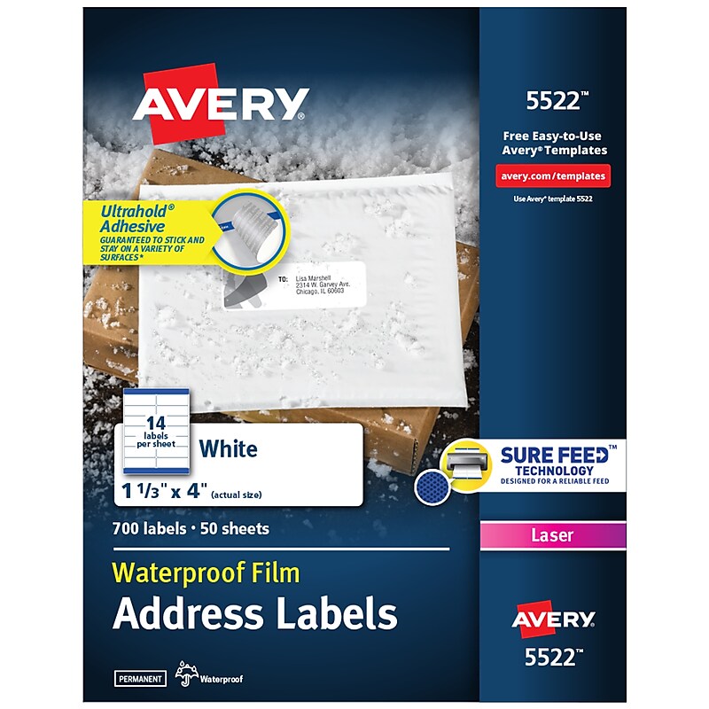 Avery Waterproof Laser Address Labels, 1-1/3" x 4", Matte White, 700 Labels/Box (5522) image 1
