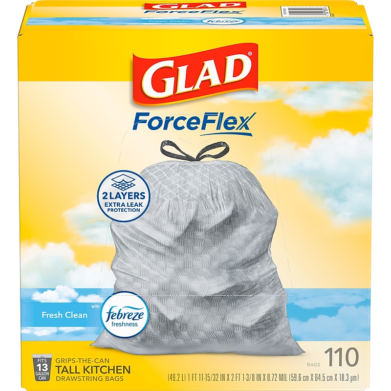 Glad ForceFlex 13 Gallons Drawstring Kitchen Trash Bags, Fresh Clean with Febreze Freshness, Gray, 110 Bags/Box (78554) image 1