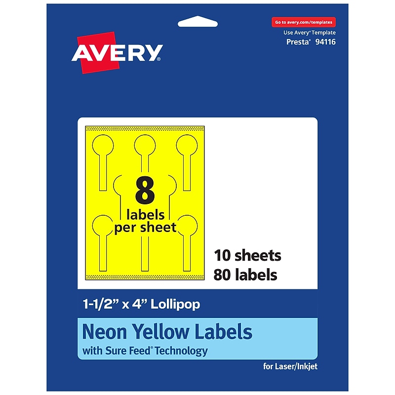 Avery Lollipop Laser/Inkjet Multipurpose Labels, 1.5" x 4", Neon Yellow (80/Pack) image 1