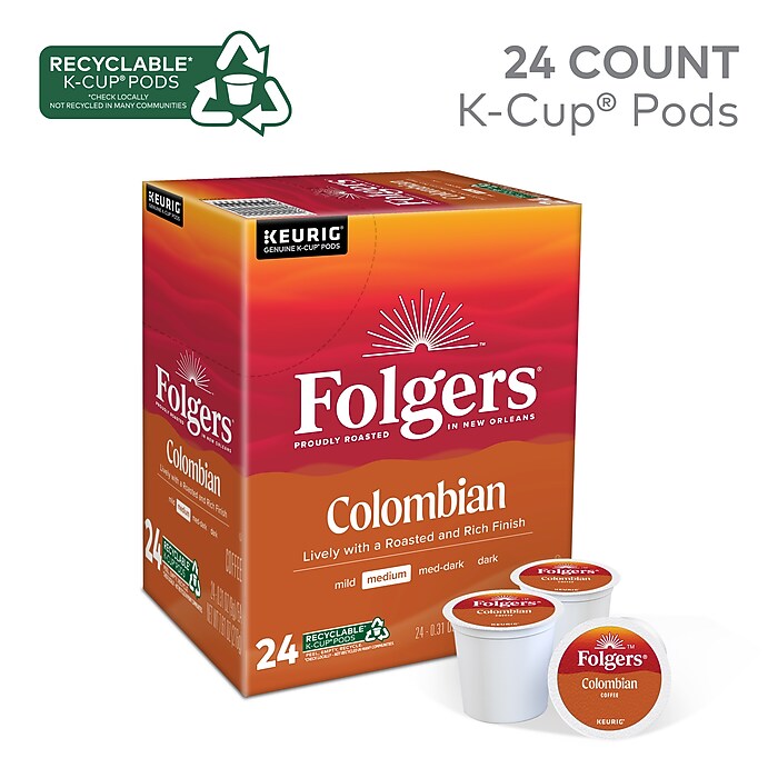 Folgers 100% Colombian Coffee, Medium Roast, 0.31 oz. Keurig K-Cup Pods,  24/Box (6659) | Staples