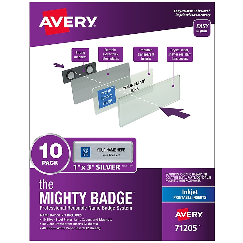 Avery The Mighty Badge Inkjet Reusable  Magnetic Name Badge System, 1" x 3", Silver, 80 Inserts, 10/Pack (71205) image 1
