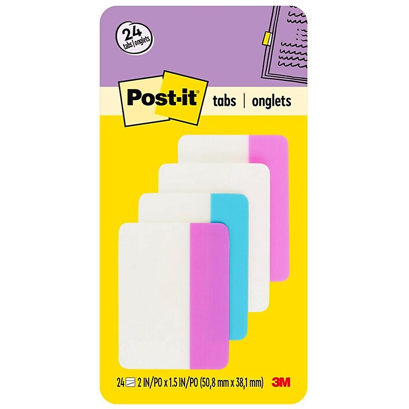 Post-it Filing Tabs, 2" Wide, Solid, Assorted Colors, 24 Tabs/Pack (686-PWAV) image 1