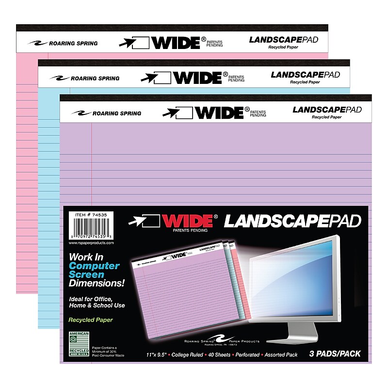 Roaring Spring WIDE Landscape Notepad, College Ruled, 11" x 9.5", Assorted Colors, 40 Sheets, 3/Pack (74535) image 1