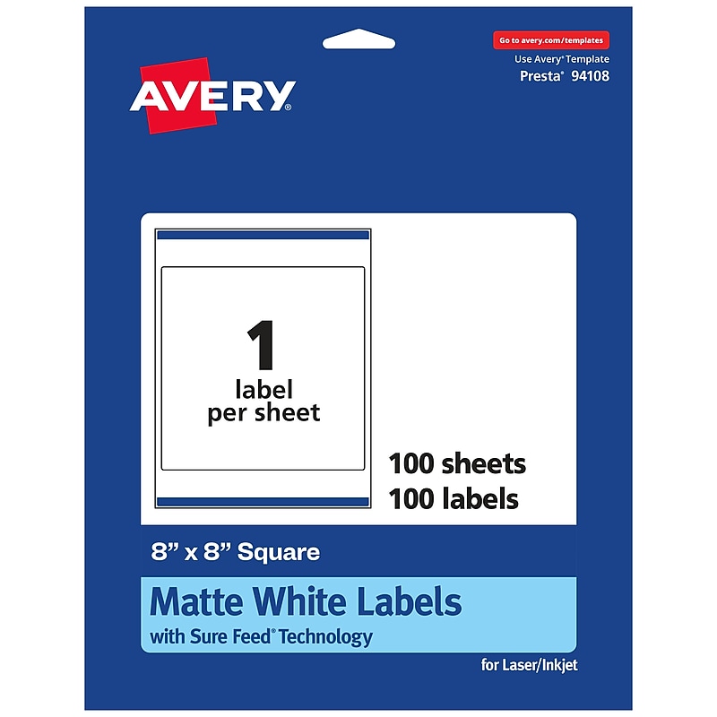 Avery Laser/Inkjet Multipurpose Square Labels, 8" x 8", White, 100 Labels/Box (94108) image 1