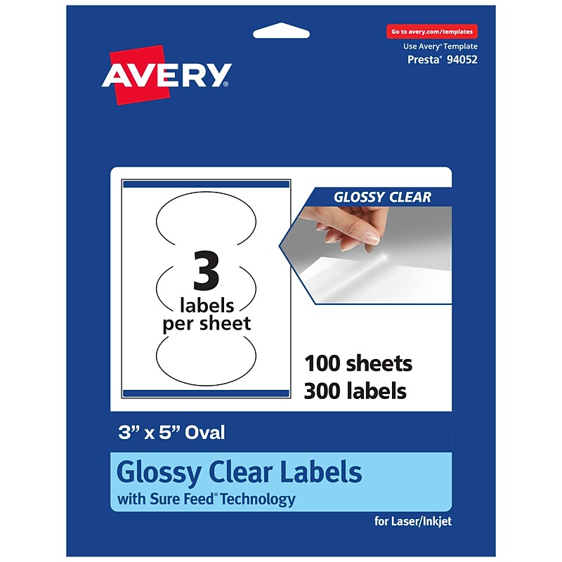Avery Laser/Inkjet Multipurpose Oval Labels, 5" Dia, Glossy Clear, 300/Box (94052) image 1