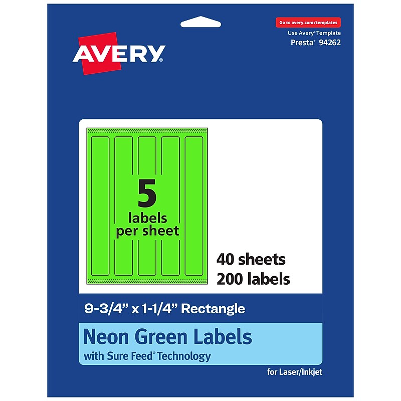 Avery Laser/Inkjet Multipurpose Rectangle Labels, 9.75" x 1.25", Neon Green, 200/Pack (94262) image 1