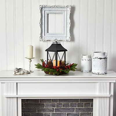 Nearly Natural 16" Holiday Christmas Berries, Pinecones & Greenery with Lantern and LED Candle - Thumbnail 4