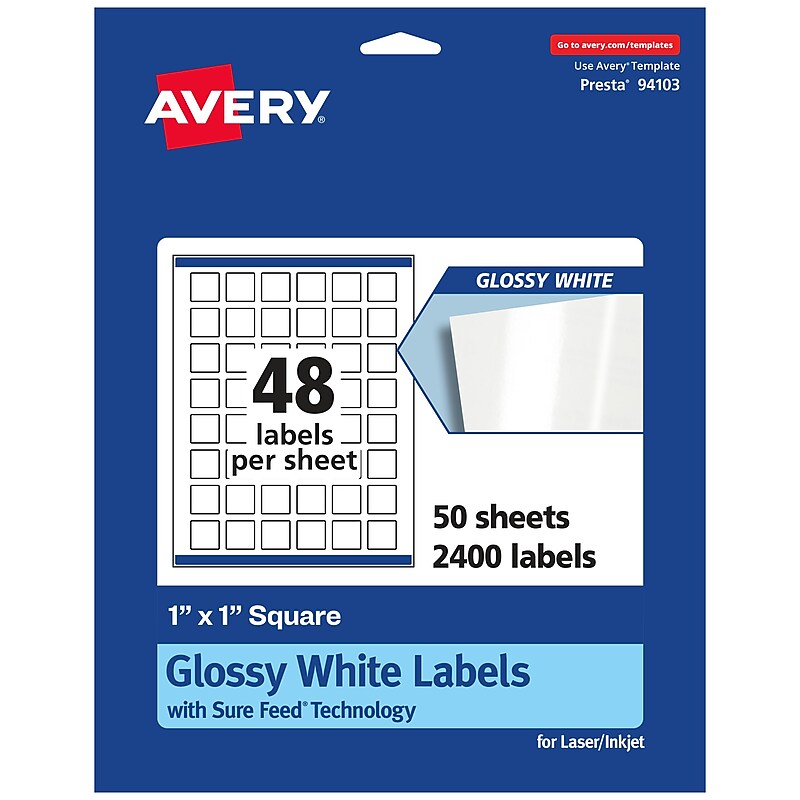 Avery Laser/Inkjet Square Labels, 1" x 1", Glossy White, 2,400 Labels/Box (94103) image 1