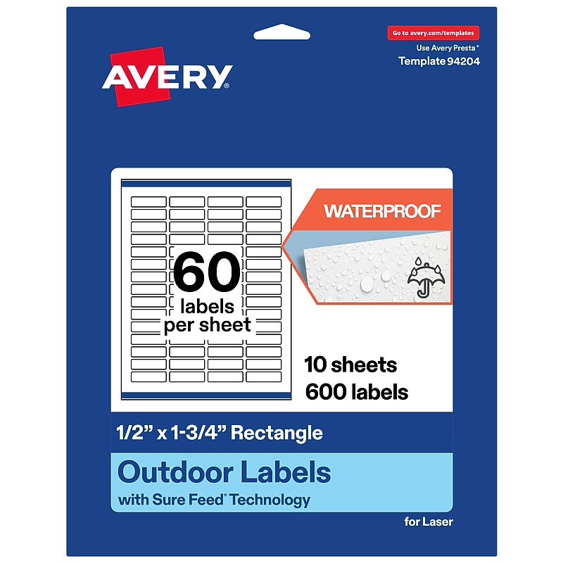 Avery Waterproof Rectangle Laser Multipurpose Labels, 0.5" x 1.75", White, 600/Pack (19479399208) image 1