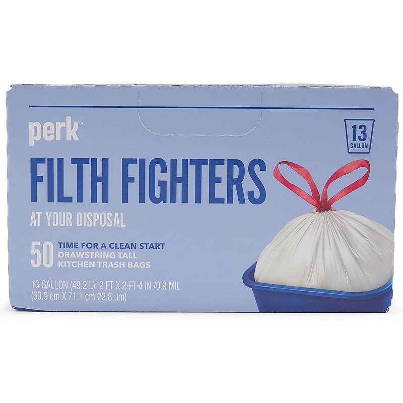 Perk™ 13 Gallon Kitchen Trash Bag, 28" x 24", Low Density, 0.9 mil, White, 50 Bags/Box, 6 Boxes/Carton (PK56745CT) image 1