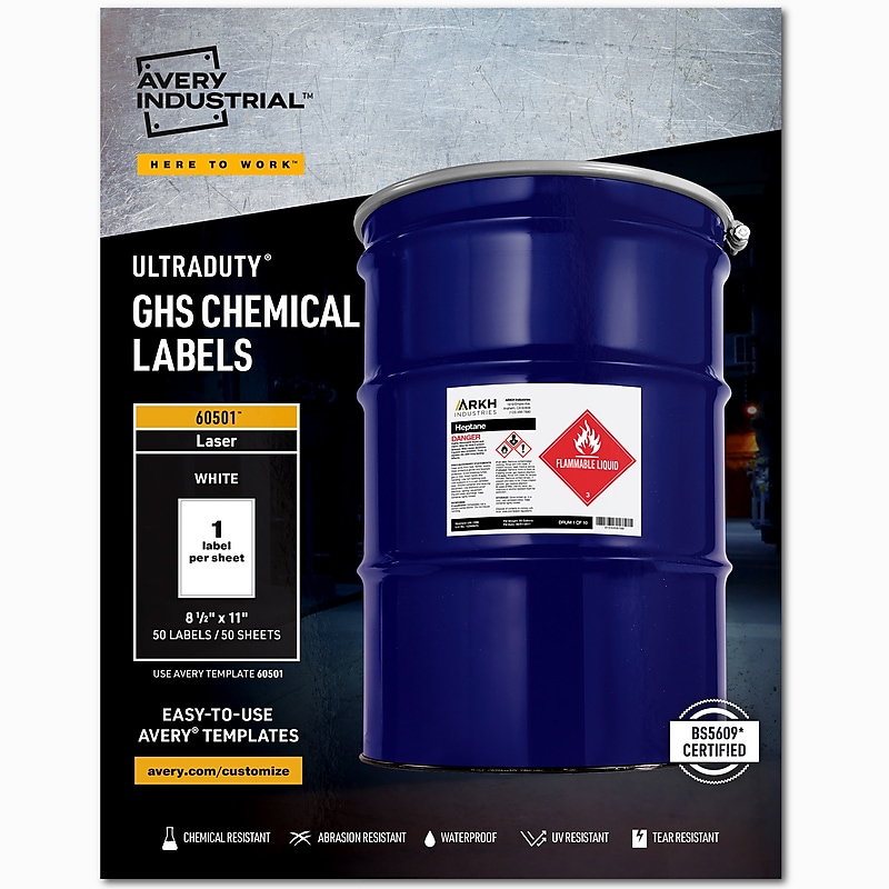 Avery UltraDuty Waterproof Laser GHS Chemical Labels, 8-1/2" x 11", 50 Labels/Box (60501) image 1