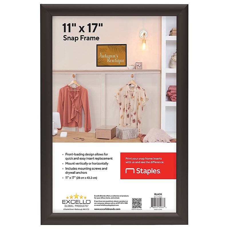 Excello Global Products Snap Frame Poster Holder, 11" x 17", Wall Mounted, Vertical/Horizontal, Black Metal (SF-1117-BLK) image 1
