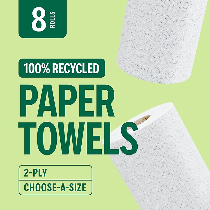 Perk™ Eco Recycled Paper Towels, 2-ply, 156 Sheets/Roll, 8 Rolls