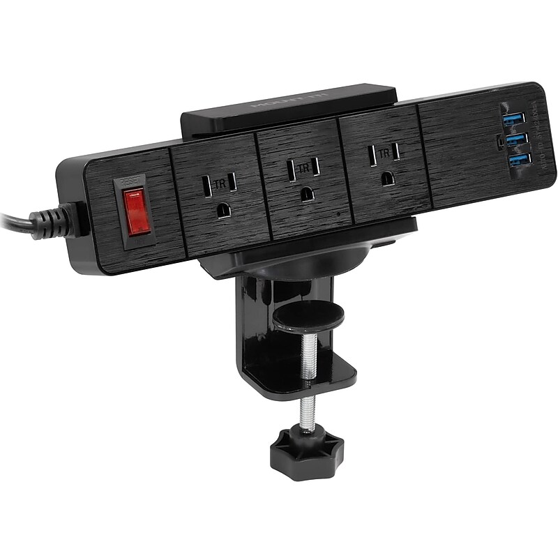 Mount-It! 3-Outlet 3-USB Port 5' Surge Protector with Clamp Desk Mount, Black (MI-7281B) image 1