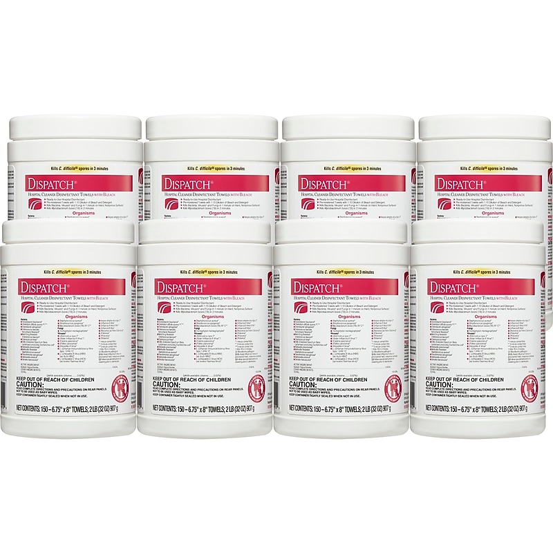 Dispatch Hospital Cleaner Disinfectant Towels with Bleach, 150 Count Canister, 8/Carton (69150) image 1