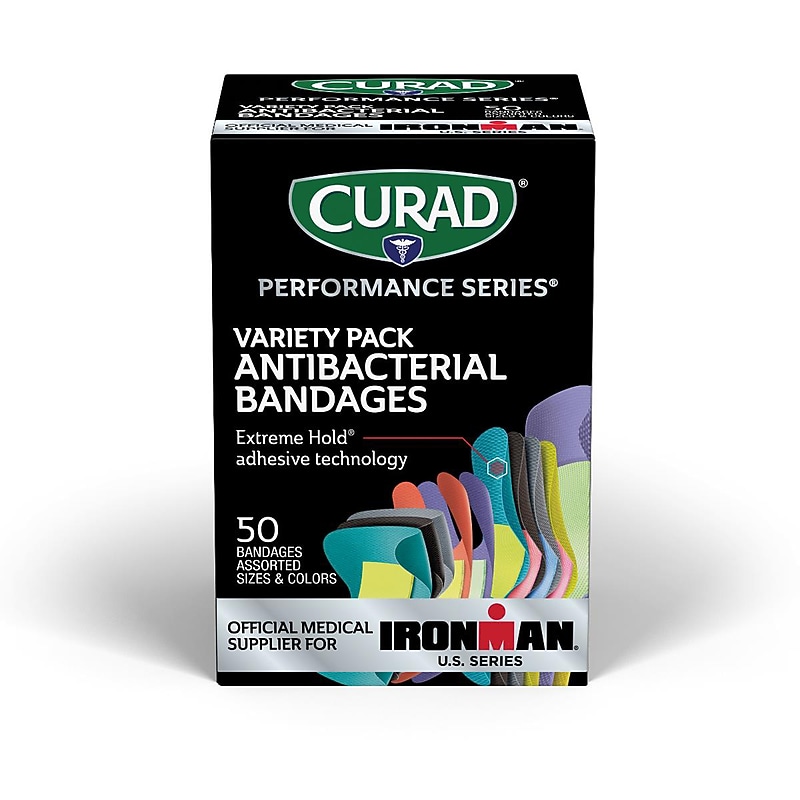 Curad Performance Variety Pack Antibacterial Bandages, Assorted Sizes, Assorted Colors, 50 Bandages/Box, 24/Carton (CURIM1850V1) image 1