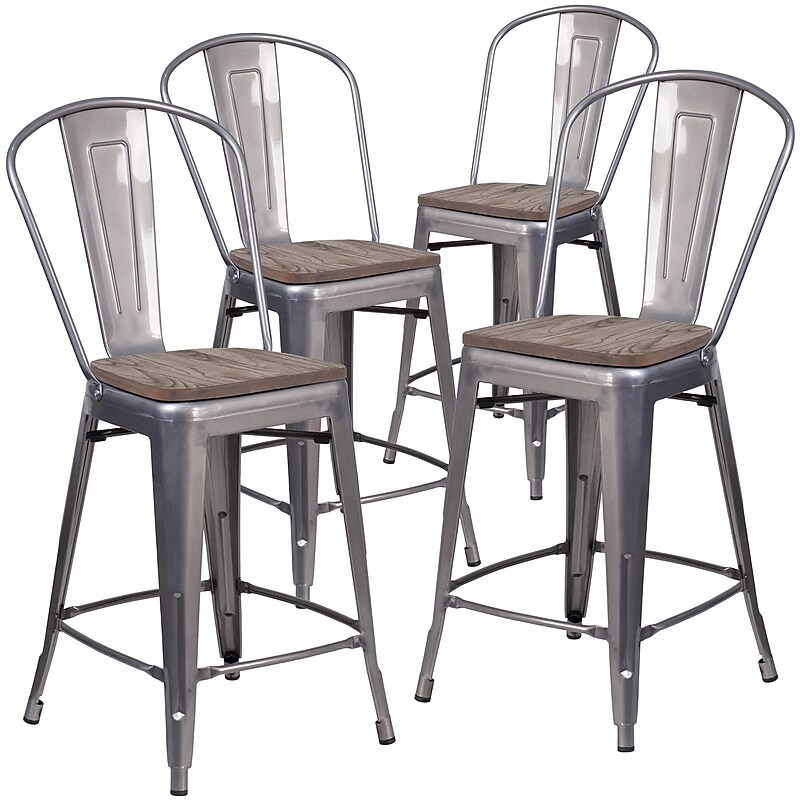 Flash Furniture Lincoln Contemporary Metal Vertical Back Counter Height Stool, Clear Coat, 4-Pieces/Pack (4XUDGTP001B24W) image 1