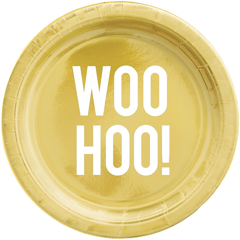 Party City "WOOHOO!" 7" Paper Plates, Gold, 8 Plates/Pack (AM54050122-ST) image 1