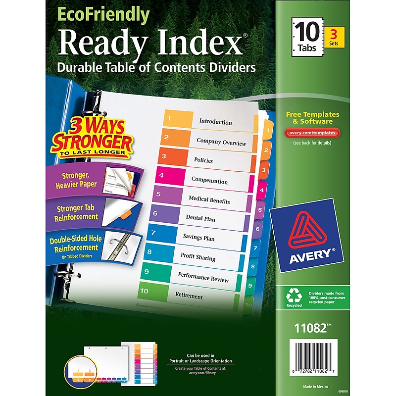Avery Ready Index Table of Contents EcoFriendly Paper Dividers, 1-10 Tabs, Multicolor, 3 Sets/Pack (11082) image 1
