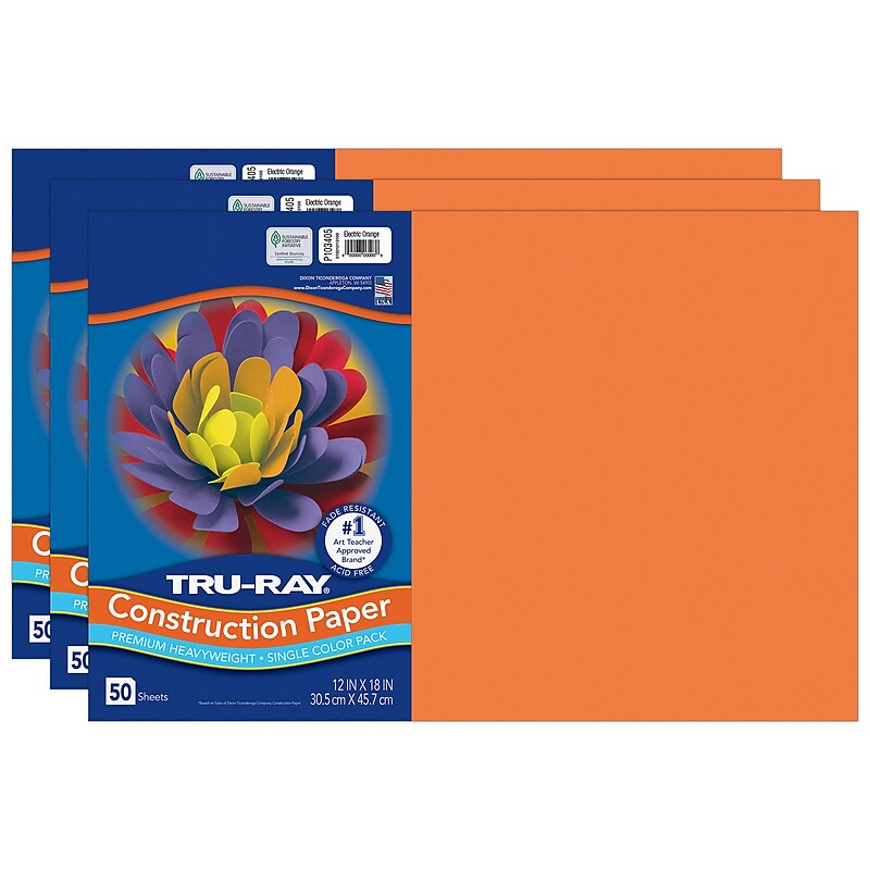 Tru-Ray 12" x 18" Construction Paper, Electric Orange, 50 Sheets/Pack, 3 Packs/Bundle (PAC103405-3) image 1